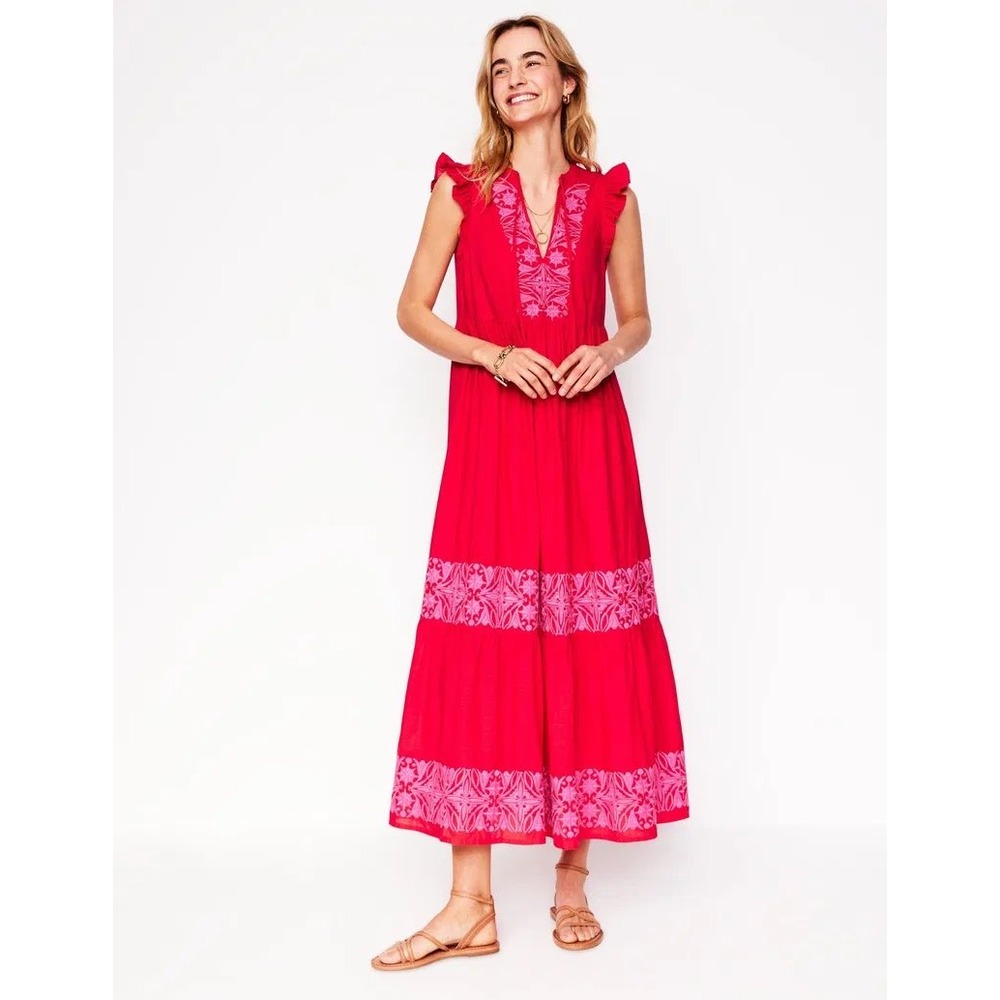 Boden Tie Neck Tiered Embroidered Maxi Dress Red Pink Womens 6 Pockets
